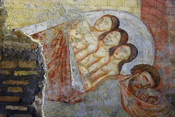 De tre fattiga flickorna ligger och sover. Längst ner ses deras far. Detalj av fresk från 1200-talet.