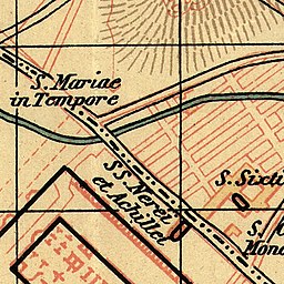 Santa Maria in Tempulo, här benämnd S. Mariae in Tempore, på Christian Hülsens karta över det medeltida Rom från år 1927.