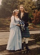 A Celtic Handfast or Wedding Blessing (performed by a Civil Celebrant) with witnesses present, at Glamis, Scotland. Scottish marriage ceremony.jpg