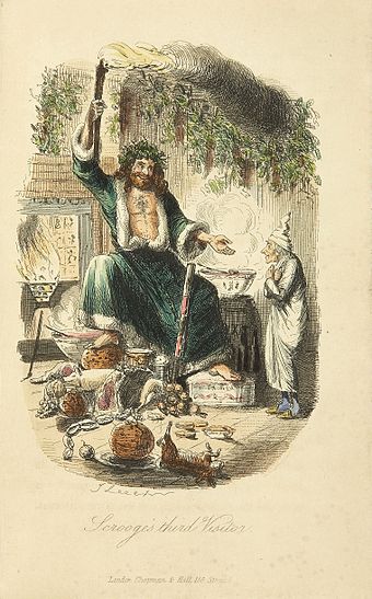 19th-century etching by John Leech of the Ghost of Christmas Present as depicted in Charles Dickens' A Christmas Carol