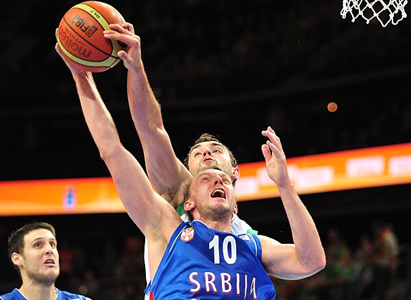 Mirza Begić blocks Duško Savanović at the EuroBasket 2011.