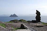 View of the Wailing Woman rock, with Little Skellig in the distance