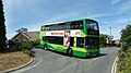 English: Southern Vectis 193 Brighstone Bay (HW52 EPO), a Volvo B7TL/Plaxton President, turning right from Forest Road into Alverstone Road, Winford, Isle of Wight, on route 8. As can be seen, it is a difficult turn to manoeuvre, and is known as "Hairpin Bend" in the bus timetable and on the bus stop nearby.