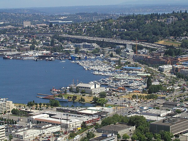 South Lake Union, with Lake Union Park in the center and I-5 and Eastlake in the background, as seen from the Space Needle.