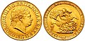 III. György király 1817-es sovereign érméje, hátoldalán Benedetto Pistrucci legendás sárkányölő Szent György ábrázolásával.