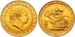A sovereign with the bust of George III on the obverse and Saint George slaying the dragon on the reverse