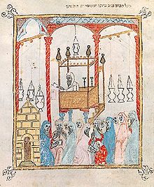 A service in a Spanish synagogue, from the Sister Haggadah (c. 1350). The Alhambra Decree would bring Spanish Jewish life to a sudden end. Spanishhaggadah.jpg