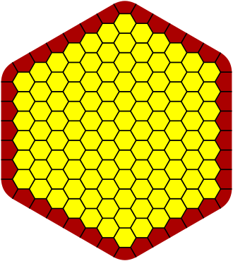 A 6x7 Star board, which refers to the alternating lengths of each side. Because there are 36 cells forming the perimeter, touching 39 partial hexagon border cells, the sum of both players' scores will be 37. Star board (6x7).svg