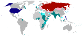 A world map in 1945. According to William T. R. Fox, the United States (blue), the Soviet Union (red), and the British Empire (teal) were superpowers. Superpower map 1945.png