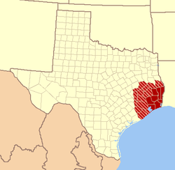 Southeast Texas counties in red