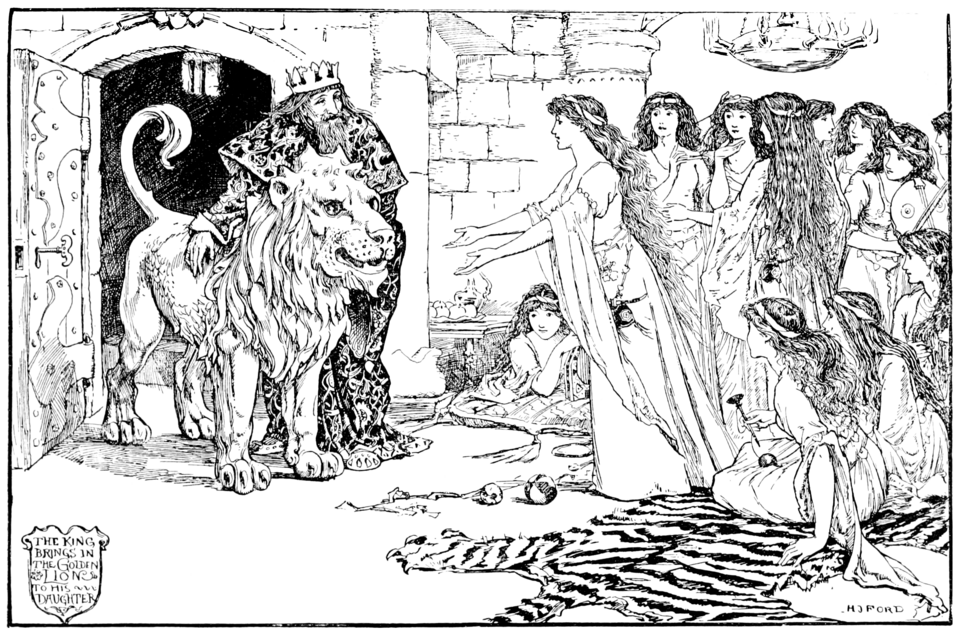 black and white full page illustration of a crown and ornate robes standing in a doorway with his arm around a life-sized metal statue of a lion as he shows it to a group of twelve identical young women wearing identical dresses, some sitting, some standing. One of the standing women is stepping forward her with arms outstretched to the lion as if to accept it. One of the sitting women has a spindle in her hand and a ball of thread in her lap. The room is stone and there is a tiger-skin rug and a few balls on the ground and the door still has a large key in it's lock.