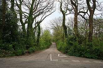 The start and end of the A3110, at Parting Carn -- the road to the left is the (end of the) A3111. The Start (and End) of The A3110 - geograph.org.uk - 822480.jpg