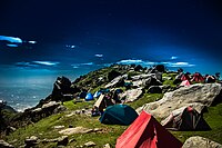 Triund Campsite is a base camp and acclimatisation point for trekkers climbing the Inderahara point in the Dhauladhar range.
