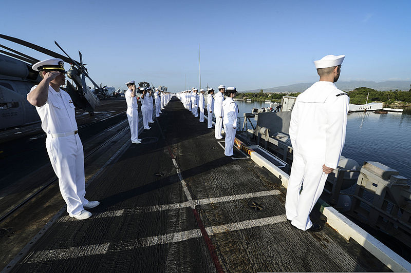 File:U.S. Sailors render honors aboard the aircraft carrier USS Nimitz (CVN 68) as the ship passes the USS Arizona Memorial while arriving at Joint Base Pearl Harbor-Hickam, Hawaii, Dec. 3, 2013 131203-N-TW634-115.jpg