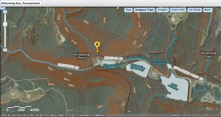 USGS National Map viewer showing Kittanning Run, Pennsylvania location near Altoona--MIxed Mode topo+Sat