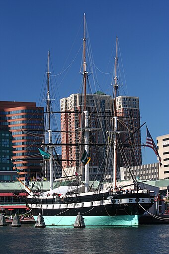 USS Constellation docked in Baltimore Harbor. Constellation captured three slave ships during her operations in Africa.