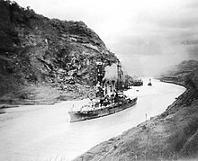 Missouri traversing the Panama Canal on July 16, 1915 USS Missouri (BB-11) passing Cucaracha Slide in the Panama Canal, July 16, 1915 (18314556189).jpg