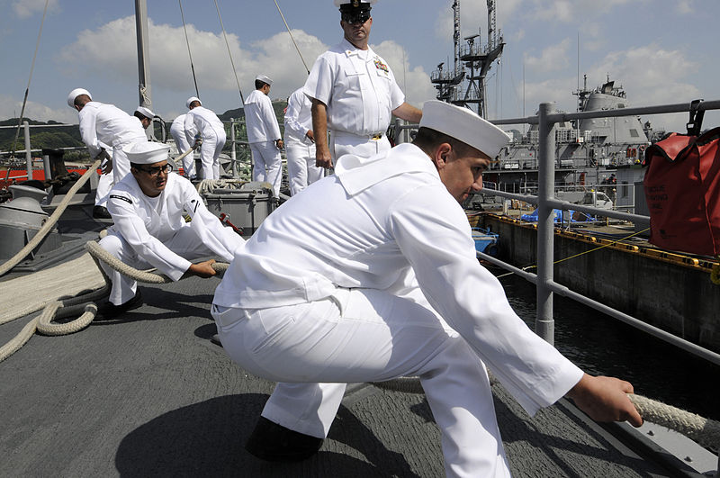 File:US Navy 100512-N-8335D-157 Sailors heave on mooring lines as the mine countermeasures ship USS Patriot (MCM 7) arrives in Sasebo, Japan at the end of its spring patrol.jpg