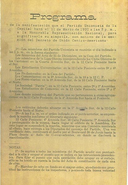 Programa de la manifestación que el Partido Unionista realizó el 11 de marzo de 1920 a las 3:00 p. m.