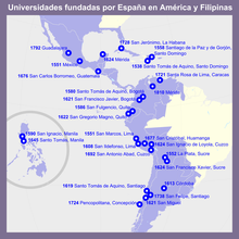 Map of the viceregal universities created during the Golden Age and the Enlightenment in the overseas colonies. Universidades fundadas por Espana en America y Filipinas.png