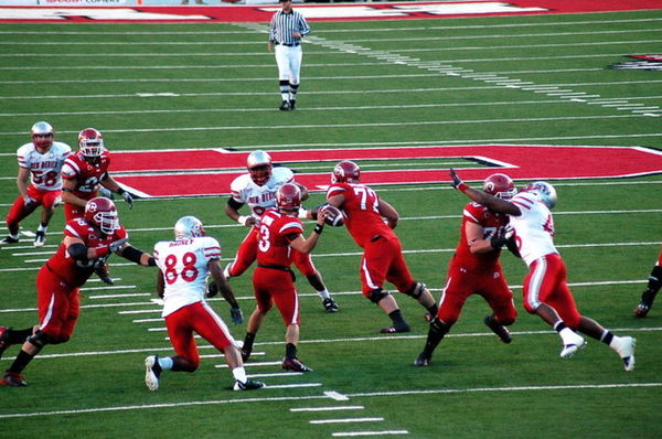 Quarterback Jordan Wynn gets set to throw. The play resulted in a 69-yard touchdown reception by receiver Jereme Brooks.