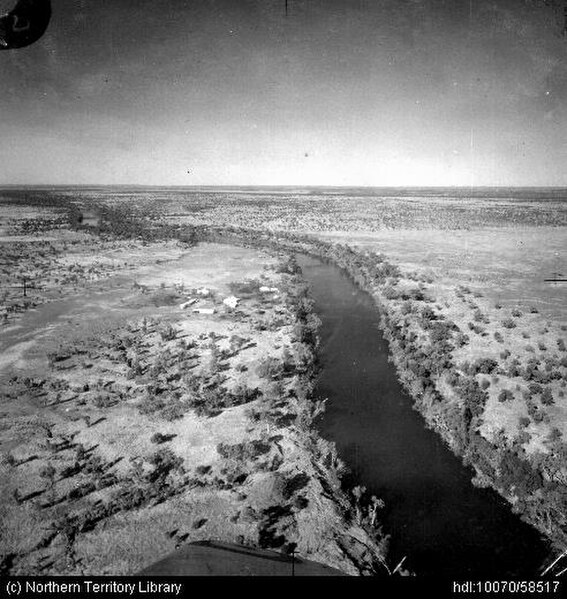 Aerial view of Victoria River Downs station, airfield and Wickham River 1938