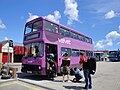 Velvet's 303 (F303 MYJ), a Volvo B10M/Northern Counties Palatine, in the car park of the Hovertravel terminal in Ryde, Isle of Wight, operating a shuttle service between Ryde and the Isle of Wight Festival 2011 camp site.