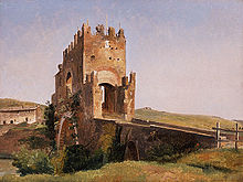 Pierre-Nicolas Brisset, View of the Ponte Nomentano (1837). The Mons Sacer rises behind a bridge crossing the Anio along the route of the Via Ficulensis, later the Via Nomentana. View of the Ponte Nomentano-1837-Pierre-Nicolas Brisset.jpg
