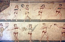 The "bikini girls" mosaic, showing women playing sports, from the Villa Romana del Casale, Roman province of Sicilia (Sicily), 4th century AD Villa romana bikini girls.JPG