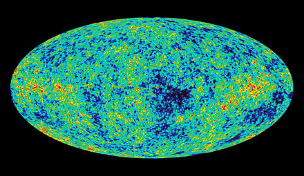 A map of the CMB showing different hot spots around the universe.