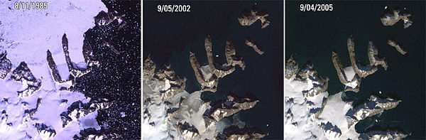 A comparison of satellite pictures between 1985 and 2005. Warming Island USGS Landsat.jpg