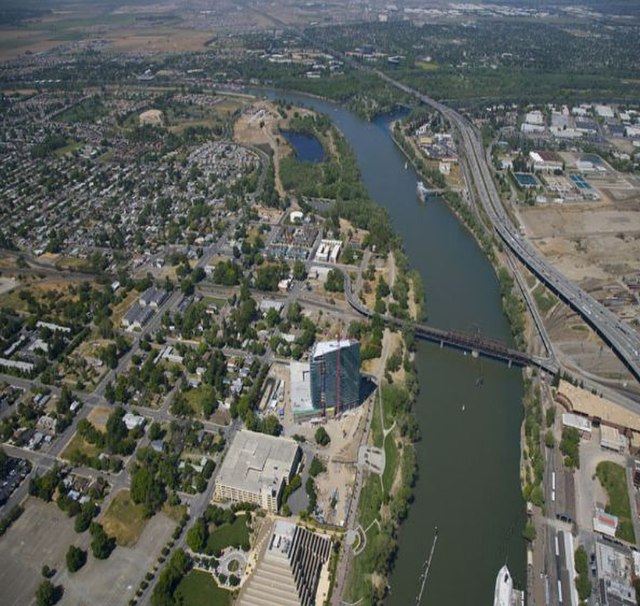 Aerial view of West Sacramento and Sacramento River.