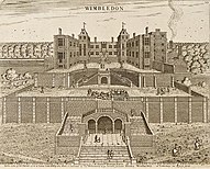 Wimbledon Palace. North front. Built 1588. Etching by Henry Winstanley 1678 for Lord Danby. Wimbledon Palace.jpg