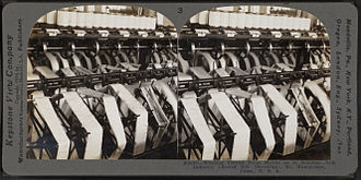 Silk industry (reeled silk throwing) Winding thread from skeins on to bobbins. Winding thread from skeins on to bobbins. Silk industry (reeled silk throwing), South Manchester, Conn., U.S.A, by Keystone View Company.jpg