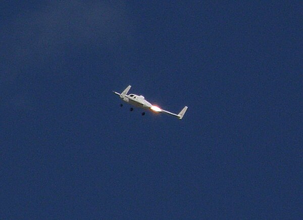 The prototype Rocket Racer, a modified Velocity SE climbing to 10,000 feet on its first full flight, October 29, 2007 at the Mojave Spaceport