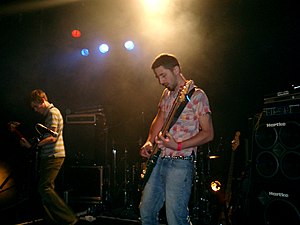 Andrew Mears and Stephen Hammond of Youthmovie Soundtrack Strategies on stage at the Institute of Contemporary Arts, London, in July 2004