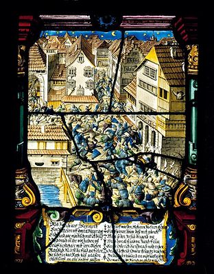 Glass painting depicting Mordnacht (murder night) on 23/24 February 1350 and heraldry of the first Meisen guild's Zunfthaus, Zürich. (c. 1650)