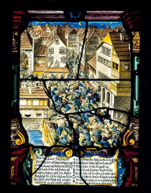 Münsterhof in Zürich showing the so-called "Mordnacht von Zürich" on 23/24 February 1350, 17th-century glass painting