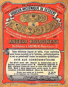 Label from a bottle of Elixir Raspail, claiming its effectiveness against epidemic diseases Elixir Raspail devenu elixir Angelo.jpg