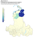 Расселение долган в СФО по городским и сельским поселениям в %, перепись 2010 г.