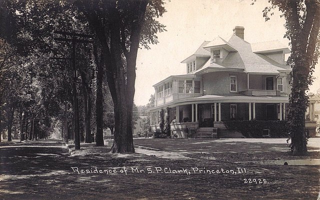 The house of Samuel P. Clark at 109 West Park Ave., Princeton, IL was shown on a postcard c. 1915 and today is the county historical museum.