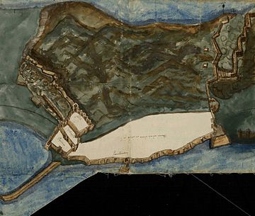 Fortifications of Gibraltar in 1597. The old mole, extending into the bay, is in the lower left. The bastion is the square structure above the base of the mole at the angle between the bay wall and the northern land defenses (north is to the left in this map). 1597 - Unknown - Map and Fortifications of Gibraltar.jpg