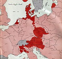 Allied occupied areas, 15 May 1945, with territory under Allied control on 1 May 1945 in pink and later Allied gain in red 1945-05-15GerWW2BattlefrontAtlas.jpg