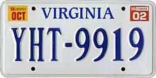 The current Virginia passenger vehicle license plate, introduced in 2002. 1993 Virginia license plate YHT-9919.jpg