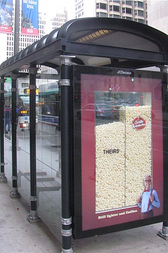 City of Chicago bus stop, served by CTA buses, with 3D ad