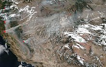 Satellite imagery from August 4, 2018 showing smoke from California fires blowing eastward into Utah. 2018-08-04 Wildfire Smoke Across Western US.jpg