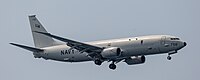 A US Navy P-8 Poseidon, tail number 168756, on final approach at Kadena Air Base in Okinawa, Japan.