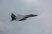 An F-15C Eagle, tail number 86-0164, taking off from RAF Lakenheath in England. The aircraft was assigned to the 493rd Fighter Squadron.