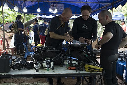 International cave divers prepare their diving gear on 2 July