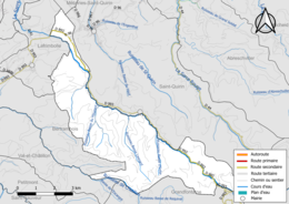 Carte en couleur présentant le réseau hydrographique de la commune